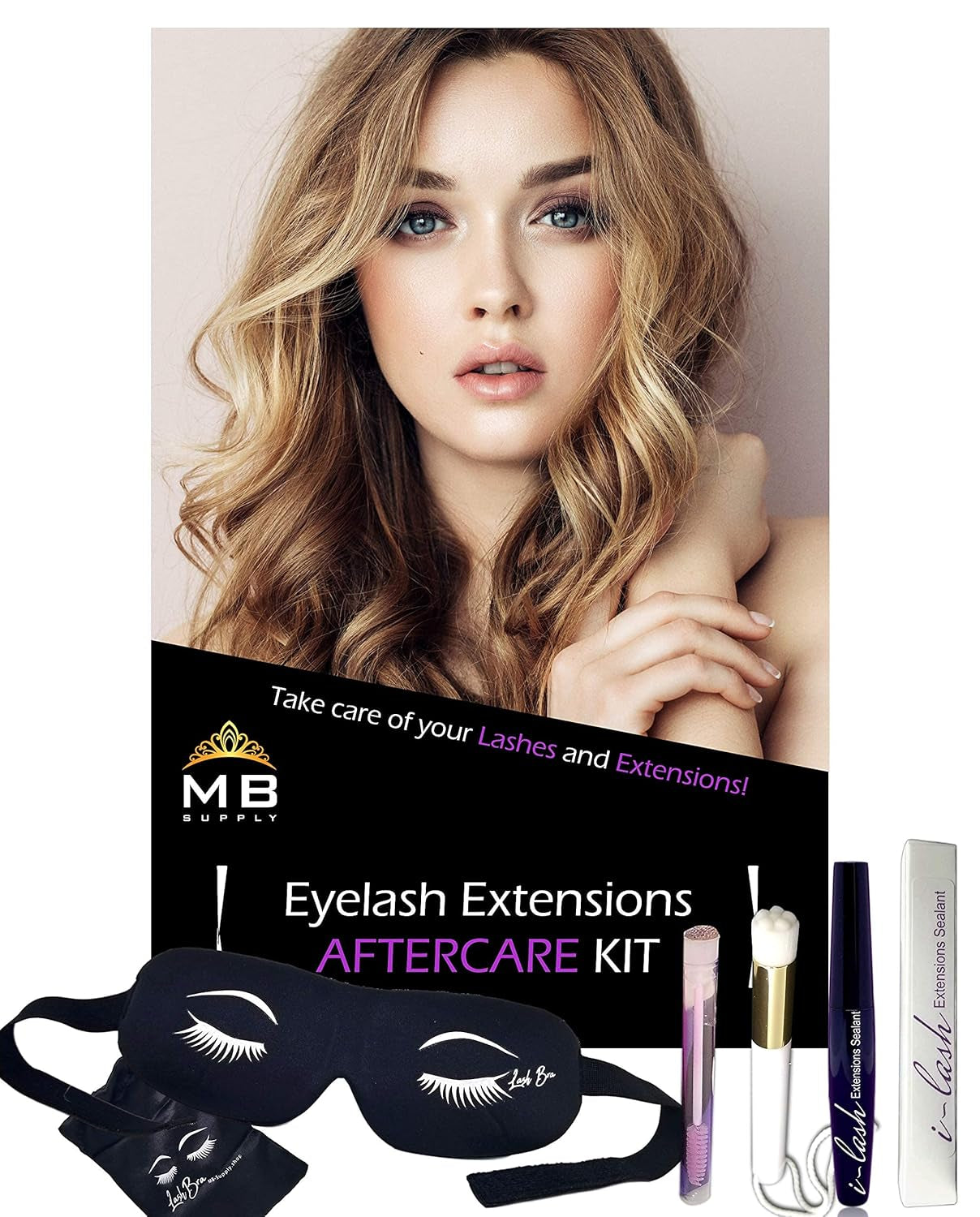 Eyelash Extensions Aftercare Kit with Sealant, Brush, Spoolie and 3D Deep Contour Sleep Mask! Protects Volume Lashes While Sleeping - PINK Lash Bra