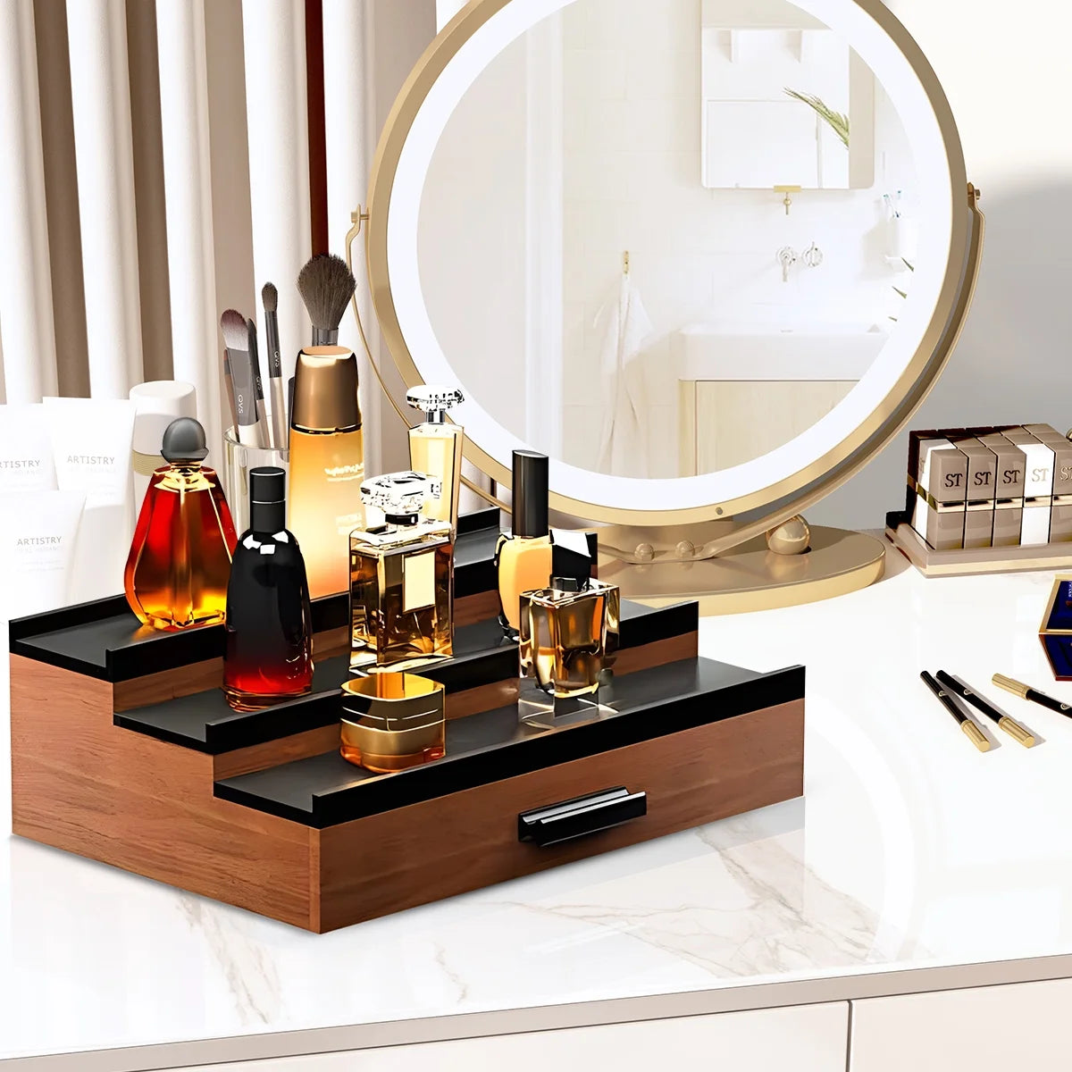 Wooden Cologne Organizer for Men - 3-Tier Perfume Display Shelf with Drawer, Storage Risers, Walnut & Black Finish - Perfect Gift for Him