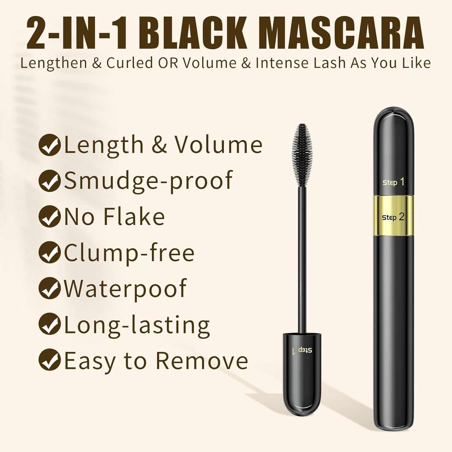 Waterproof Volume Length Mascara 2-In-1 Cool Black Thick Curl Mascara Smudge-Proof No Clumping Long-Lasting